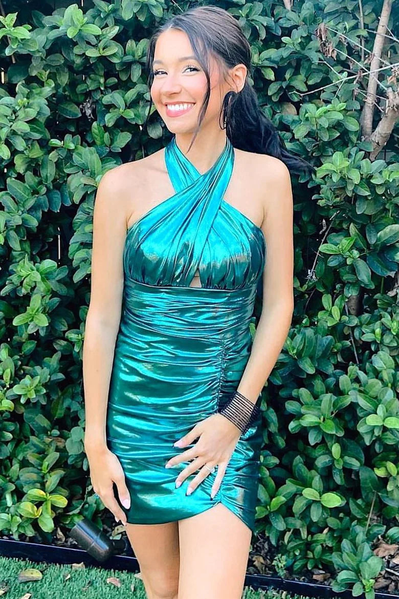 Vestido corto de fiesta con cuello halter fruncido para regreso a casa